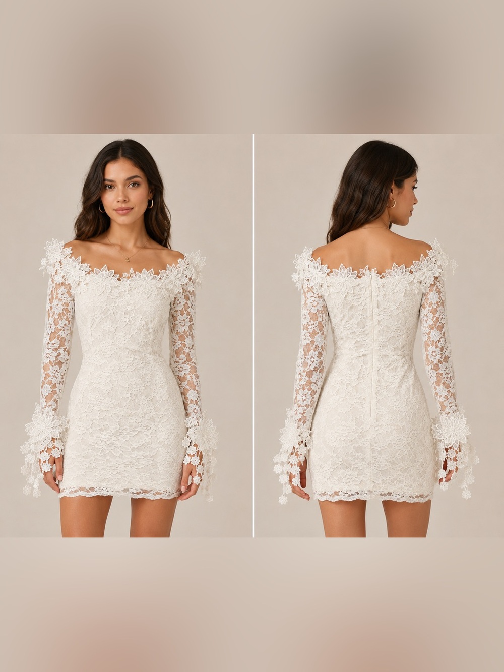Off-Shoulder White Lace Mini Dress with Floral Appliqué Size L